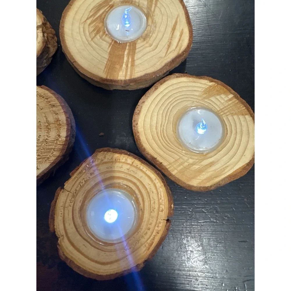 Rustic Wood Slice LED Tealight Holders Set of 5 Natural Log Candle‎ Holders